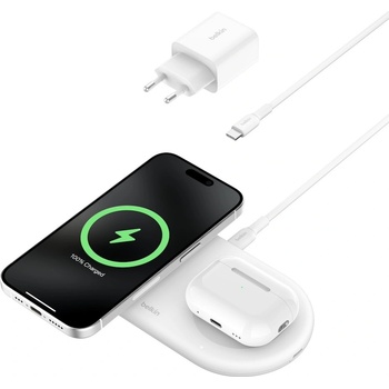 Belkin BoostCharge Pro 2-in-1 Qi2 Magnetic Wireless Charging Pad 15W - двойна поставка (пад) за безжично зареждане за iPhone с Magsafe и AirPods (бял)