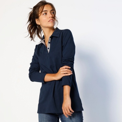 Dvojfarebné džersejové polo tričko s dlhými rukávmi nám.modrá sivá