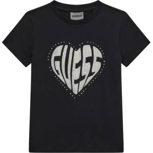 GUESS Черна тениска с къс ръкав за момиче със сърце от камъни и надпис Guess