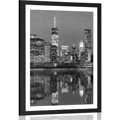 Plakát s paspartou odraz Manhattanu ve vodě v černobílém provedení - 40x60 no frame
