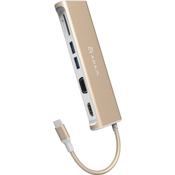 ADAM elements Casa Hub A03 - USB-C хъб с 2 USB изхода, HDMI порт, VGA порт и четец за карти памет за устройства с USB-C порт (златист)