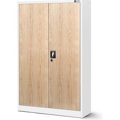 Jan Nowak Plechová policová skříň KEVIN, 900 x 1400 x 400 mm, bílá/ dub sonoma 1385 – Zboží Dáma