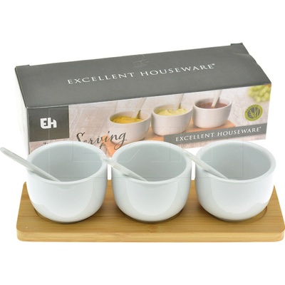 Excellent Houseware Tři porcelánové misky pro občerstvení na dřevěném podkladu 22x8 cm 4,5 cm