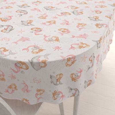 Biante Detský bavlna oválny obrus Sandra SA-527 Ružové morské panny s delfínmi a veľrybami na bielom 50x100 cm