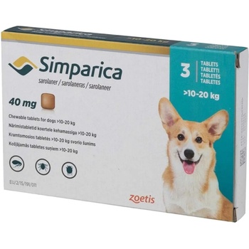 Zoetis Simparica 40 mg Симпарика дъвчащи таблетки за кучета от 10 до 20 kg , 3бр