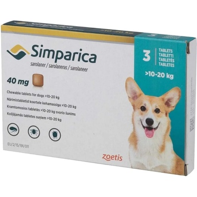 Zoetis Simparica 40 mg Симпарика дъвчащи таблетки за кучета от 10 до 20 kg