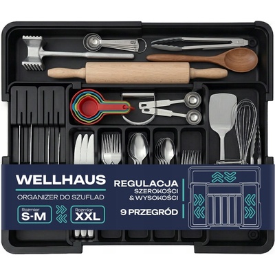 Organizér do zásuvky, výsuvný organizér, nastavitelný na příbory, černý Wellhaus