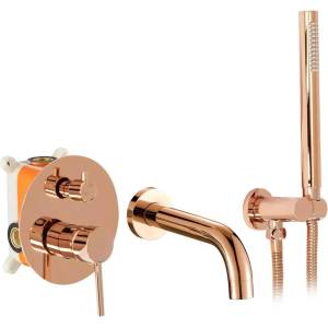 Rea Вграден смесител за вана и душ Rea Lungo Rose Gold, гланц, с душ комплект и скрито тяло (5902557377862)