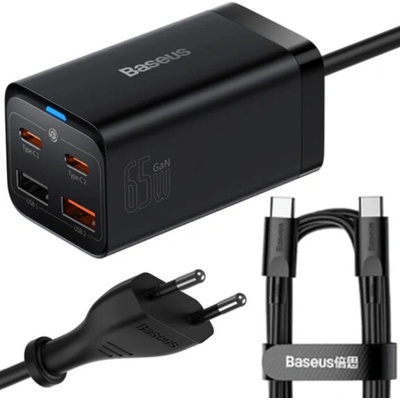 Baseus GaN3 Pre rýchlonabíjací adaptér 65W s portami 2x USB-C / 2x USB-A - čierny ATCUSBC65WQCBASBK