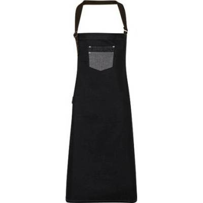Premier Workwear Džínová zástěra s náprsenkou a umělou kůží PR136 Black Denim 72x86cm