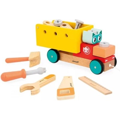 Janod BricoKids Дървен строителен комплект дърпане на кола с инструменти