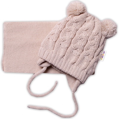 Baby Nellys Zimná pletená čiapočka s šálom Teddy hnědá s brmbolcami