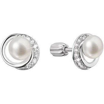 Evolution Group strieborné náušnice kôstky s guľatou riečnou perlou a zirkónmi 21098.1B