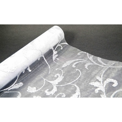 Organza neobšitá - strieborná s glitrovým vzorom - šírka 36 cm