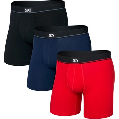 Saxx Мъжко синтетично термобельо Saxx Essential Cotton Boxer Brief Fly 3-Pack Everyday base layer - Red / Maritime / Black (014-2476-0511)
