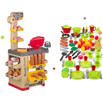 Smoby Set pekáreň s koláčmi Baguette&Croissant Bakery s elektronickou pokladňou a 100-dielna súprava ovocia, zeleniny a potraviny s riadom