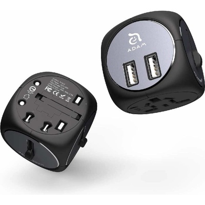 ADAM elements Захранване и адаптер за ел. мрежа с преходници за цял свят с 2xUSB-A изхода за зареждане на мобилни устройства - Adam Elements Omnia TA502 World Universal Travel Adapter (черен-сив)