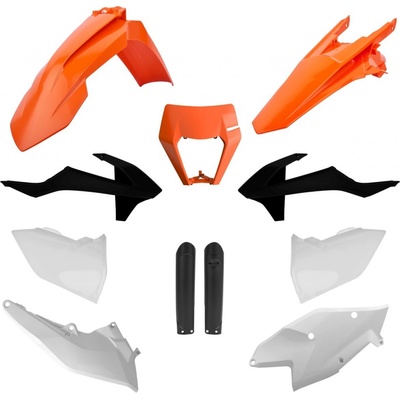POLISPORT kompletní sada plastů (FULL KIT) KTM EXC/EXC-F TPI 17-19 v sadě kryt světla (8666800006) a kryty tlumičů (8398600003) barva oranžová bílá černá