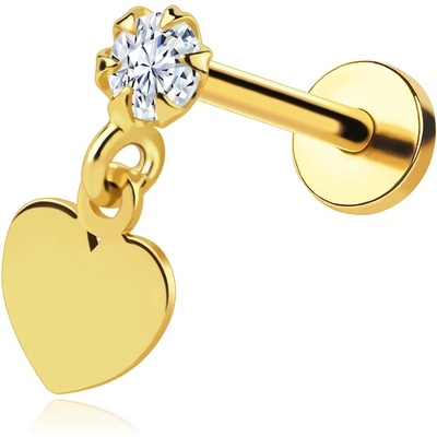 Šperky Eshop - Zlatý piercing labret 14K se zirkonem a visícím srdcem S5GG275.64