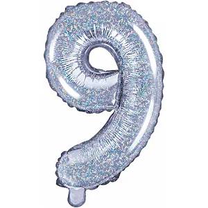 PartyDeco Балон от фолио Mini - число 9 холографичен 35 см