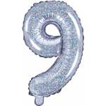 PartyDeco Балон от фолио Mini - число 9 холографичен 35 см