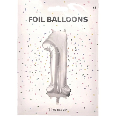 PartyDeco Fóliový balón Číslo 1 strieborný 86cm