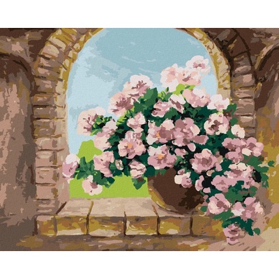 Zuty Malování Podle Čísel Kytice Květin Na Kamenném Okýnku 80 x 100 cm Plátno Rám