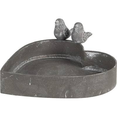 Clayre & Eef sivý plechový kvetináč v tvare srdca s vtáčikmi 19x17x7cm