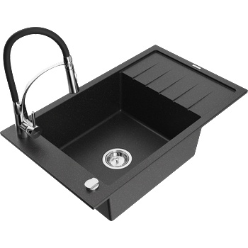 Mexen Elias гранитна мивка с 1 корито с отцедник и кухненски смесител Aster, черен/сребърен металик - 6511-73-73450-07 (6511-73-73450-07)