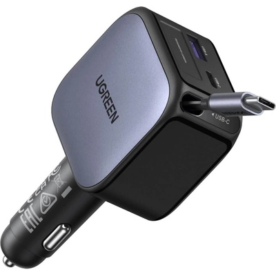 Зарядно за кола с вграден USB-C кабел и USB-A и USB-C изходи - Ugreen EC602 3 in 1 Fast Car Charger With USB-C Cable 60W (черен) (EC602)