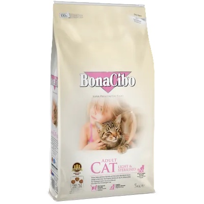 BonaCibo Light & Sterilised Adult Cat - Пълноценна храна за израснали кастрирани котки с наднормено тегло 5 кг