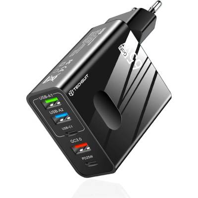 Techsuit - Премиум зарядно за стена PentaXPower (CHC1) - 3x USB, 2x Type-C PD 25W, 65W, GaN, бързо зареждане - черно