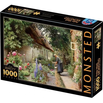 D-Toys - Puzzle Monsted - An Old Woman Watering the Flowers Behind a Thatched Farmhouse - 1 000 piese