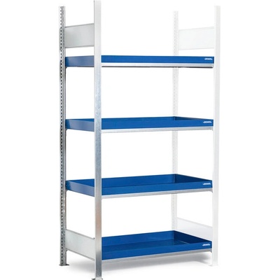 DENIOS Regál na malé nádoby, nadstavné pole, 4 lakované záchytné vane, 1012x637x2000mm