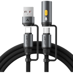 ACEFAST - Кабел за данни (J6) - Многофункционален, Бързо зареждане, USB/USB-C към Type-C/Запалка, 60W, 3A, 1.2 м - Черен