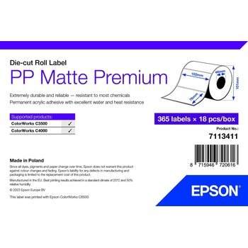 Epson 7113411 PP Matte, за ColorWorks, 102x76мм, 365 бр, полипропилен, бели самозалепващи етикети (7113411)