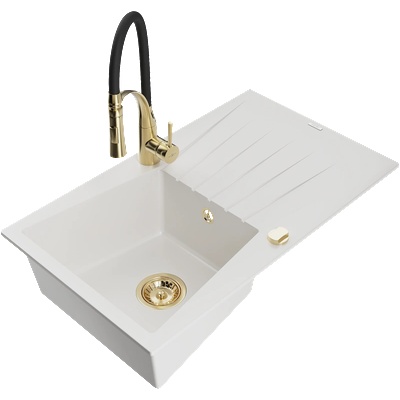 Mexen Cesar гранитна мивка с 1 отделение с отцедник и кухненски смесител Aster, бял - 6514-20-73450-57-G (6514-20-73450-57-G)