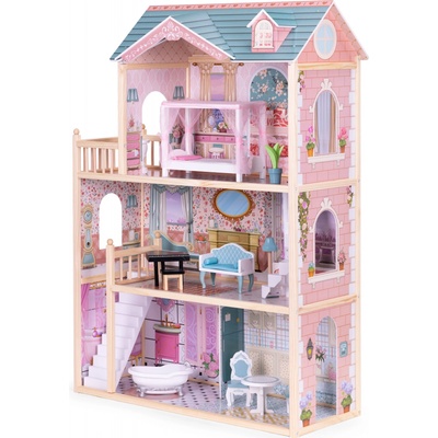 EcoToys Drevený domček pre bábiky 3 poschodia 11 ks. nábytku