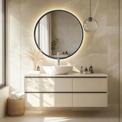 Alfaram Okrúhle zrkadlo v čiernom matnom MDF ráme s osvetlením - OTTO LED - 50