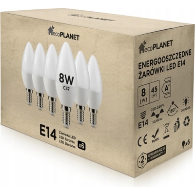 ecoPLANET 6x LED žiarovka E14 sviečka 8W 700lm studená biela