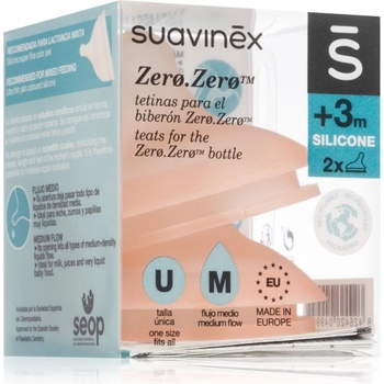 Suavinex Zero Zero Bottle Teat биберон за шише M Medium Flow 3 m+ 2 бр