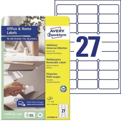 Avery Zweckform Etikety A4 bílé 63,5 x 29,6 mm snímatelné L4737REV-10
