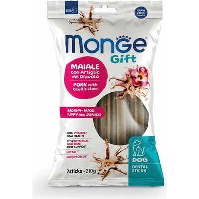 MONGE GIFT Dental Sticks Puppy Medium Maxi 7ks dentálne pochúťky pre šteňatá s bravčovým mäsom a čertovým pazúrom 210 g