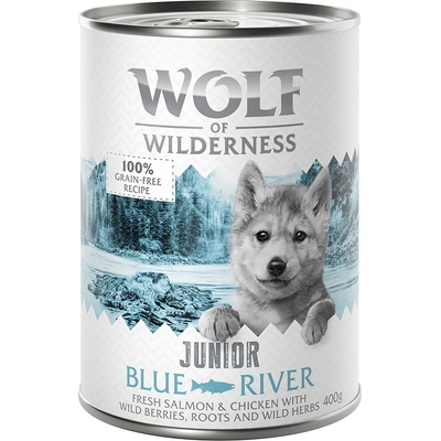Výhodné balenie Little Wolf of Wilderness Junior 12 x 400 g - Blue River Junior - kura & losos
