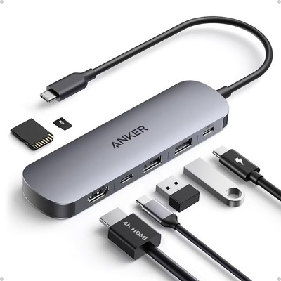 Anker Докинг станция Anker USB-C Hub (7-in-1), от USB C към 1x USB C(PD), 1x USB C, 2x USB A, 1x HDMI, 1x SD четец, сива (A83D2HA1)