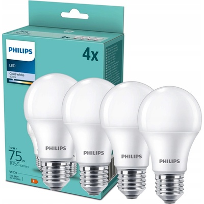 Philips LED žárovka A60 10W/75W E27 4000K 1055lm NonDim 15Y opál 4-pack˙
