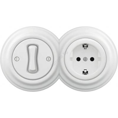 Kliklap - Ретро еднополюсен ключ №1 и SCHUKO розетка 230 V с рамка в цвят снежнобял (KA0152E)