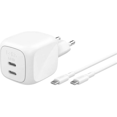 Belkin BOOSTCHARGE PRO мрежово зарядно устройство с 2 Type-C порта, 50 W, PD бързо зареждане + кабел Type-C, БЯЛО WCH019KQ1MWH-B6 (WCH019KQ1MWH-B6)