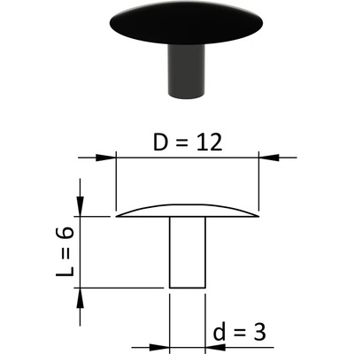 Vnitřní krytka kulatá ø 12 mm, otvor ø 3 mm, černá, plast