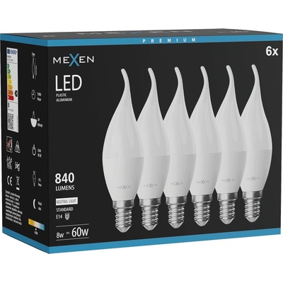 Mexen Nova 6x LED крушка пламък E14, C37, 8W, Неутрална - 4000K, 840 lm - L106-E14-0840-01x06 (L106-E14-0840-01x06)